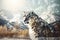 Double exposure of snow Leopard and frozen forest with snowfall and sunny mountains behind