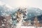 Double exposure of snow Leopard and frozen forest with snowfall and sunny mountains behind