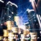 Double exposure with stacks of coins and cityscape