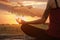 Double exposure of woman meditating and hands reaching each other outdoors at sunset. Yoga helping in daily life: harmony