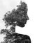 Double exposure of young beautiful girl among the leaves and trees. Black and white silhouette Isolated on white.