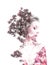 Double exposure of young beautiful girl among the leaves and trees. Portrait of a woman, mysterious look, creative, art, conceptua