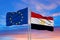 Double Flag European Union vs Egypt waving flag with texture floating in the sky - 3D illustration - 3D render