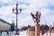 Double-headed eagle on Alexandrian Column guard on Palace Square at frosty snow winter day, St. Petersburg, Russia