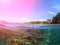 Double landscape with sea and sky. Sea panorama split photo. Tropical island lagoon.