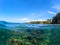 Double landscape with sea and sky. Sea panorama split photo. Undersea view with tropical island seashore.