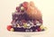 Double layer chocolate mud cake with whipped cream and fruit.