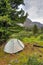 Double lightweight sports tent under a large Siberian pine