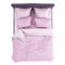 Double lilac soft bed with curly headboard and pink bedding on a white background. Top view. 3d rendering