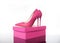 Double pink pointed high heels women`s shoe and box