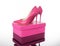 Double pink pointed high heels women`s shoe and box
