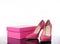 Double pink pointed high heels women`s shoe and box