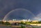 Double rainbow above the downtown skyline in Denver Colorado