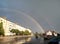 Double Rainbow After Rain Wet Street Clouds Sunny Trees Cars Building City