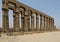 Double row of papyrus columns with bud capitals on the west side of the Amenhotep III Court in the Luxor Temple, Egypt.