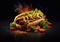 Double sausage hot dog with vegetables and sauces on fire background.Macro.AI Generative