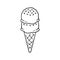 Double scoop ice cream with sprinkles on sugar cone line art outline cartoon illustration.