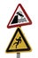 Double signage, risk of falling on the water with the car and danger of falling warning sign. Isolated with clipping path