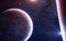 Double star system. Planets of deep space  red and blue stars. Science fiction