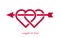 Double two hearts with cupid arrow from bow vector icon or logo, wedding and couple concept romantic theme, care and togetherness