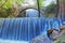 Double waterfalls of Palaiokaria in Trikala Thessaly Greece - stony arched bridge between the two waterfalls