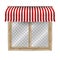 Double window frame, striped awning canopy. Vector illustration. Wooden window with transparent background behind glass