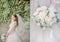 Doubled picture of pretty old-fashioned bride with pastel bouquet