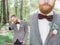 Doubled picture of stylish groom in grey jacket