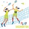 Doubles badminton game  sport poster with net and  women..