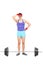 Doubtful male athlete standing behind a barbell