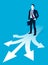 Doubting businessman choosing different directions which way to go vector illustration, business man have a dilemma because or