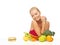Doubting woman with fruits and hamburger