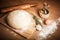 dough on a board with flour. olive oil, eggs, rolling pin, garlic