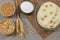 Dough, flour. Wheat and oats in wooden boxes