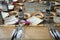 Dough, fried chopped meat and utensils for cooking classes on wooden table, concept of cooking class