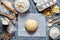 Dough mixing recipe bread, pizza or pie making ingridients, food flat lay