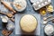 Dough preparation recipe bread, pizza or pie making ingridients, food flat lay on kitchen table