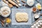 Dough preparation recipe homemade traditional bread, pizza or pie ingridients, food flat lay