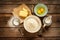 Dough recipe ingredients on vintage rural wood kitchen table