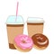 Doughnut and coffee. Coffee cups and donuts vector template.