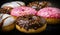 Doughnuts with chocolate icing, pink icing, white icing, close-up, blurred, macro, sprinkle, delicious, assorted doughnuts, on a