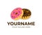 Doughnuts in glaze, donuts and delicious sugary dough rings, logo template. Sweet dessert, food and confectionery, vector design