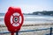 Douglas, Isle of Man, June 16, 2019.Douglas Bay. A lifebuoy, ring buoy, lifering, lifesaver, life donut, life preserver or