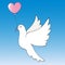 Dove. Bird of peace. A white dove carries a pink heart-shaped balloon. Color vector illustration. Isolated blue background.