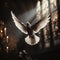 Dove in a dark church room creates a serene spiritual ambiance