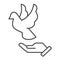 Dove on hand thin line icon, world peace day concept, flying pigeon and human palm sign on white background, person hand