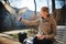 Dove with open wings sits on the girl\'s hand