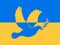 Dove of peace on the background of the Ukrainian flag. Ukraine and Russia military conflict. Stop world war. Symbol of