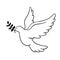 Dove of peace with olive brunch linear icon. Outline vector illustration isolated on white. Peace Day contour symbol