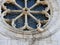 Dove resting on old rose window of romanesque church valdicaste